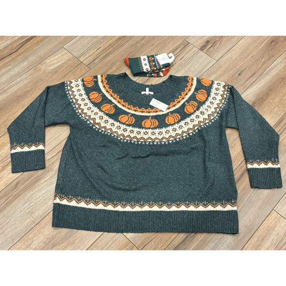 Maurices Sweaters - Maurices Cozy Pumpkin Fair Isle Sweater Green and Orange & Socks
